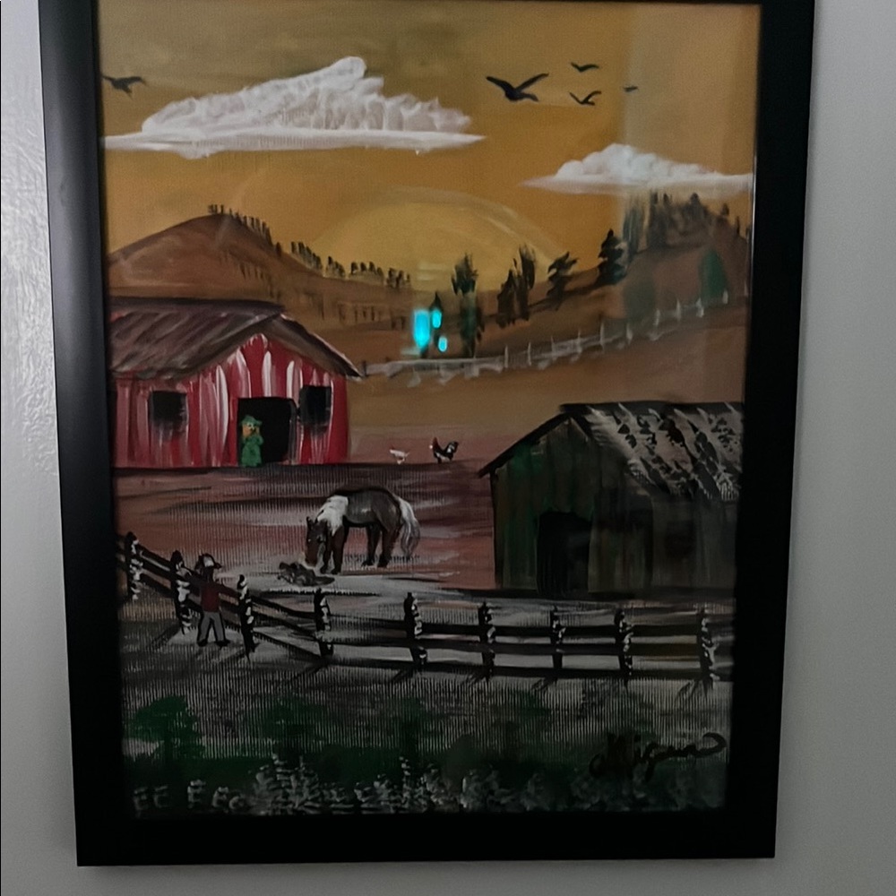 Rustic Farm Scene Art with Black Frame